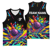 Colorful Bowling Ball and Pins Graphic Basketball Jersey Custom with Paint Splash - Wonder Print Shop