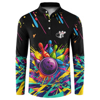Colorful Bowling Ball and Pins Graphic Button Sweatshirt Custom with Paint Splash - Wonder Print Shop