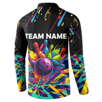 Colorful Bowling Ball and Pins Graphic Button Sweatshirt Custom with Paint Splash - Wonder Print Shop
