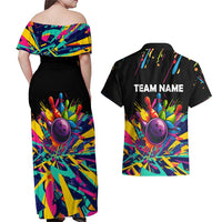 Colorful Bowling Ball and Pins Graphic Couples Matching Off Shoulder Maxi Dress and Hawaiian Shirt Custom with Paint Splash - Wonder Print Shop