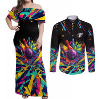 Colorful Bowling Ball and Pins Graphic Couples Matching Off Shoulder Maxi Dress and Long Sleeve Button Shirt Custom with Paint Splash - Wonder Print Shop