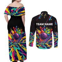 Colorful Bowling Ball and Pins Graphic Couples Matching Off Shoulder Maxi Dress and Long Sleeve Button Shirt Custom with Paint Splash - Wonder Print Shop