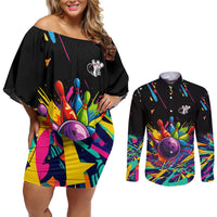 Colorful Bowling Ball and Pins Graphic Couples Matching Off Shoulder Short Dress and Long Sleeve Button Shirt Custom with Paint Splash - Wonder Print Shop