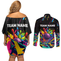 Colorful Bowling Ball and Pins Graphic Couples Matching Off Shoulder Short Dress and Long Sleeve Button Shirt Custom with Paint Splash - Wonder Print Shop