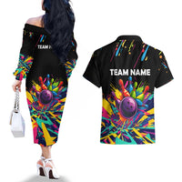Colorful Bowling Ball and Pins Graphic Couples Matching Off The Shoulder Long Sleeve Dress and Hawaiian Shirt Custom with Paint Splash - Wonder Print Shop