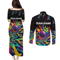 Colorful Bowling Ball and Pins Graphic Couples Matching Puletasi and Long Sleeve Button Shirt Custom with Paint Splash - Wonder Print Shop