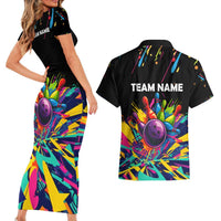Colorful Bowling Ball and Pins Graphic Couples Matching Short Sleeve Bodycon Dress and Hawaiian Shirt Custom with Paint Splash - Wonder Print Shop