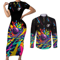 Colorful Bowling Ball and Pins Graphic Couples Matching Short Sleeve Bodycon Dress and Long Sleeve Button Shirt Custom with Paint Splash - Wonder Print Shop