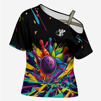 Colorful Bowling Ball and Pins Graphic Cross Shoulder Shirt Custom with Paint Splash - Wonder Print Shop