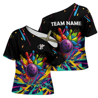 Colorful Bowling Ball and Pins Graphic Cross Shoulder Shirt Custom with Paint Splash - Wonder Print Shop