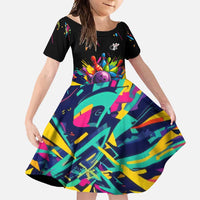 Colorful Bowling Ball and Pins Graphic Family Matching Long Sleeve Bodycon Dress and Hawaiian Shirt Custom with Paint Splash - Wonder Print Shop