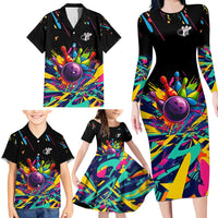 Colorful Bowling Ball and Pins Graphic Family Matching Long Sleeve Bodycon Dress and Hawaiian Shirt Custom with Paint Splash - Wonder Print Shop