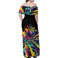 Colorful Bowling Ball and Pins Graphic Family Matching Off Shoulder Maxi Dress and Hawaiian Shirt Custom with Paint Splash - Wonder Print Shop