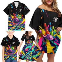 Colorful Bowling Ball and Pins Graphic Family Matching Off Shoulder Short Dress and Hawaiian Shirt Custom with Paint Splash - Wonder Print Shop
