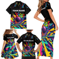 Colorful Bowling Ball and Pins Graphic Family Matching Short Sleeve Bodycon Dress and Hawaiian Shirt Custom with Paint Splash - Wonder Print Shop