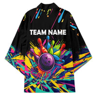 Colorful Bowling Ball and Pins Graphic Kimono Custom with Paint Splash - Wonder Print Shop