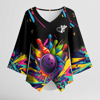 Colorful Bowling Ball and Pins Graphic Kimono Sleeve Blouse Custom with Paint Splash - Wonder Print Shop