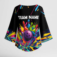 Colorful Bowling Ball and Pins Graphic Kimono Sleeve Blouse Custom with Paint Splash - Wonder Print Shop