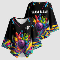 Colorful Bowling Ball and Pins Graphic Kimono Sleeve Blouse Custom with Paint Splash - Wonder Print Shop