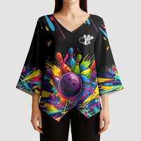 Colorful Bowling Ball and Pins Graphic Kimono Sleeve Blouse Custom with Paint Splash - Wonder Print Shop