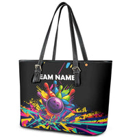 Colorful Bowling Ball and Pins Graphic Leather Tote Bag Custom with Paint Splash - Wonder Print Shop