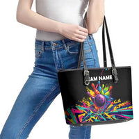 Colorful Bowling Ball and Pins Graphic Leather Tote Bag Custom with Paint Splash - Wonder Print Shop