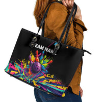 Colorful Bowling Ball and Pins Graphic Leather Tote Bag Custom with Paint Splash - Wonder Print Shop