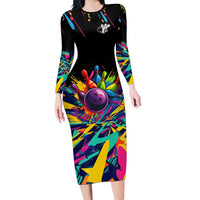 Colorful Bowling Ball and Pins Graphic Long Sleeve Bodycon Dress Custom with Paint Splash - Wonder Print Shop