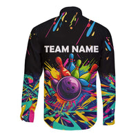 Colorful Bowling Ball and Pins Graphic Long Sleeve Button Shirt Custom with Paint Splash - Wonder Print Shop