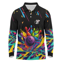 Colorful Bowling Ball and Pins Graphic Long Sleeve Polo Shirt Custom with Paint Splash - Wonder Print Shop