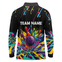 Colorful Bowling Ball and Pins Graphic Long Sleeve Polo Shirt Custom with Paint Splash - Wonder Print Shop