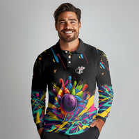 Colorful Bowling Ball and Pins Graphic Long Sleeve Polo Shirt Custom with Paint Splash - Wonder Print Shop