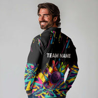 Colorful Bowling Ball and Pins Graphic Long Sleeve Polo Shirt Custom with Paint Splash - Wonder Print Shop