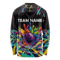 Colorful Bowling Ball and Pins Graphic Long Sleeve Shirt Custom with Paint Splash - Wonder Print Shop