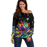 Colorful Bowling Ball and Pins Graphic Off Shoulder Sweater Custom with Paint Splash - Wonder Print Shop