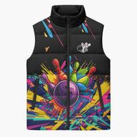Colorful Bowling Ball and Pins Graphic Sleeveless Puffer Jacket Custom with Paint Splash - Wonder Print Shop