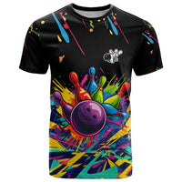 Colorful Bowling Ball and Pins Graphic T Shirt Custom with Paint Splash - Wonder Print Shop