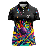 Colorful Bowling Ball and Pins Graphic Women Polo Shirt Custom with Paint Splash - Wonder Print Shop
