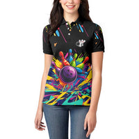 Colorful Bowling Ball and Pins Graphic Women Polo Shirt Custom with Paint Splash - Wonder Print Shop