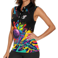 Colorful Bowling Ball and Pins Graphic Women Sleeveless Polo Shirt Custom with Paint Splash - Wonder Print Shop