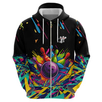 Colorful Bowling Ball and Pins Graphic Zip Hoodie Custom with Paint Splash - Wonder Print Shop