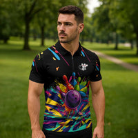 Colorful Bowling Ball and Pins Graphic Zipper Polo Shirt Custom with Paint Splash - Wonder Print Shop