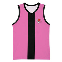 Pink and Black Bowling Basketball Jersey Design with Red Ball and Pins and Custom Team Name Graphic - Wonder Print Shop