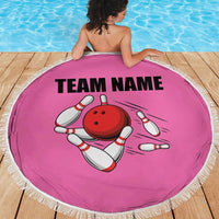 Pink and Black Bowling Beach Blanket Design with Red Ball and Pins and Custom Team Name Graphic - Wonder Print Shop