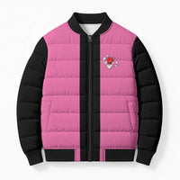 Pink and Black Bowling Bomber Puffer Jacket Design with Red Ball and Pins and Custom Team Name Graphic - Wonder Print Shop