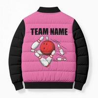 Pink and Black Bowling Bomber Puffer Jacket Design with Red Ball and Pins and Custom Team Name Graphic - Wonder Print Shop