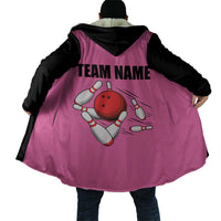 Pink and Black Bowling Cloak Design with Red Ball and Pins and Custom Team Name Graphic - Wonder Print Shop