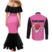 Pink and Black Bowling Couples Matching Mermaid Dress and Long Sleeve Button Shirt Design with Red Ball and Pins and Custom Team Name Graphic - Wonder Print Shop