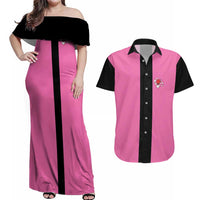 Pink and Black Bowling Couples Matching Off Shoulder Maxi Dress and Hawaiian Shirt Design with Red Ball and Pins and Custom Team Name Graphic - Wonder Print Shop