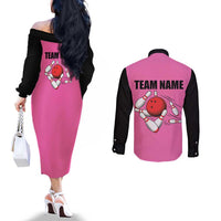 Pink and Black Bowling Couples Matching Off The Shoulder Long Sleeve Dress and Long Sleeve Button Shirt Design with Red Ball and Pins and Custom Team Name Graphic - Wonder Print Shop